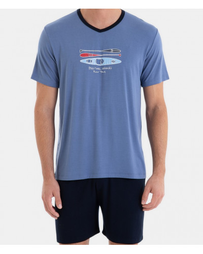 Short pajamas V-neck Massana (Bleu)