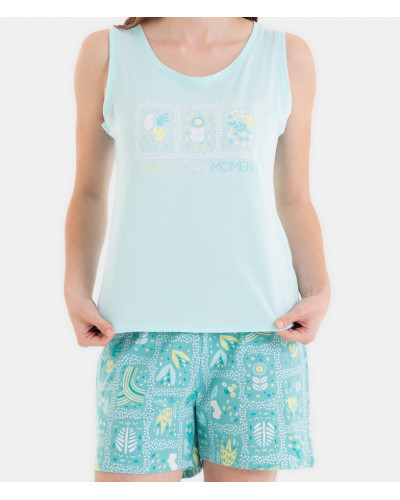 Short tank top pyjamas 100% cotton Massana (Imprimé Bleu)