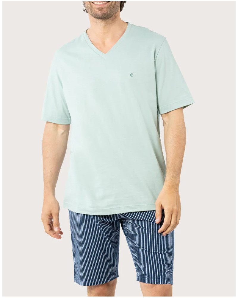 Pyjama court 100% coton bio Eminence (Celadon/Rayé Bleu)