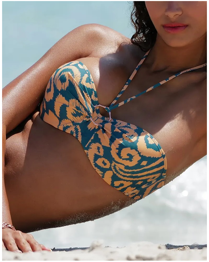 Soutien-gorge de bain bandeau souple bonnets profonds Antigel La Balinaise (Ikat Vert Orange)