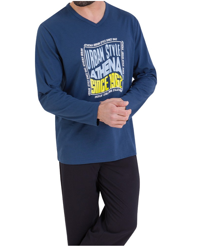 Long pyjamas 100% cotton Athena Ecopack Sérigraphie (Marine/Noir)