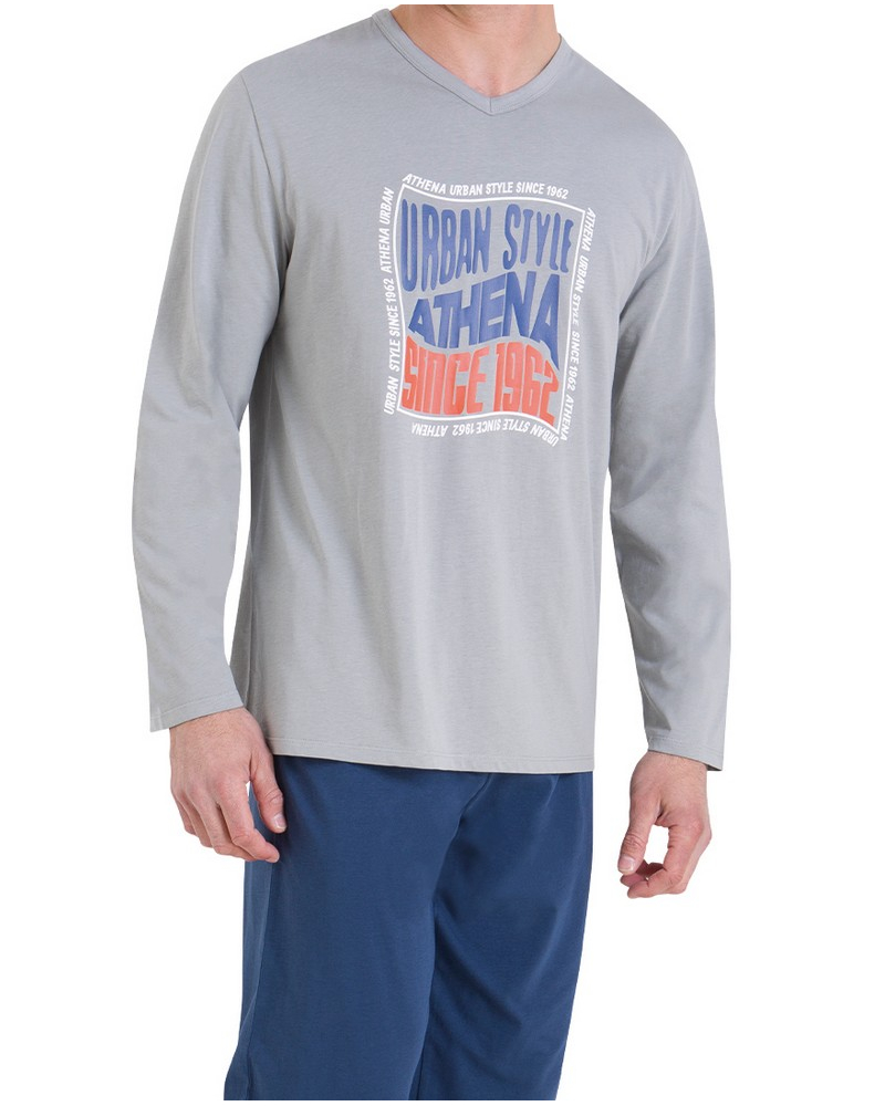 Pijama largo 100% algodón Athena Ecopack Sérigraphie (Gris/Marine)
