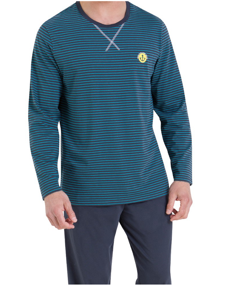Long pyjama 100% cotton Athena Rayures l'Escale (Menthe/Anthracite)