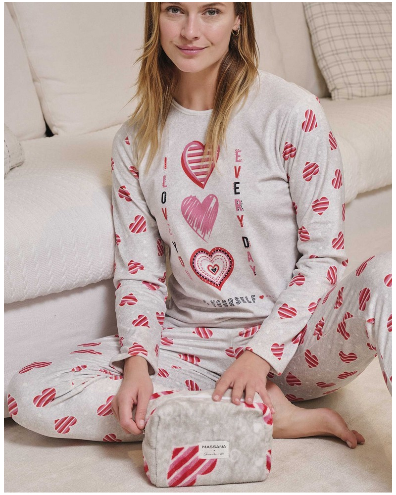 Pijama largo micropolar corazones Massana (Imprimé Gris)