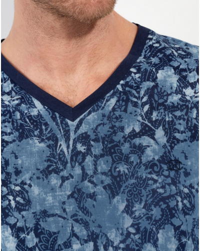 Pyjama long col V 100% Coton HOM Compiègne (Imprimé Floral Bleu Jeans)