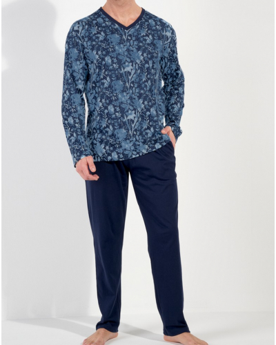 Pijama largo cuello V 100% Algodón HOM Compiègne (Imprimé Floral Bleu Jeans)