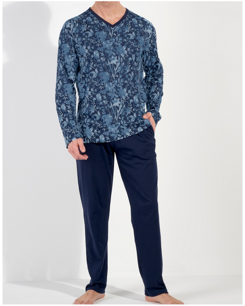 Pijama largo cuello V 100% Algodón HOM Compiègne (Imprimé Floral Bleu Jeans)