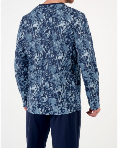 V-neck long pajamas 100% Cotton HOM Compiègne (Imprimé Floral Bleu Jeans)