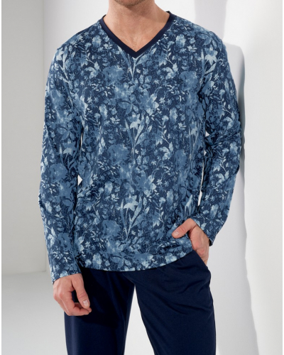 Pyjama long col V 100% Coton HOM Compiègne (Imprimé Floral Bleu Jeans)