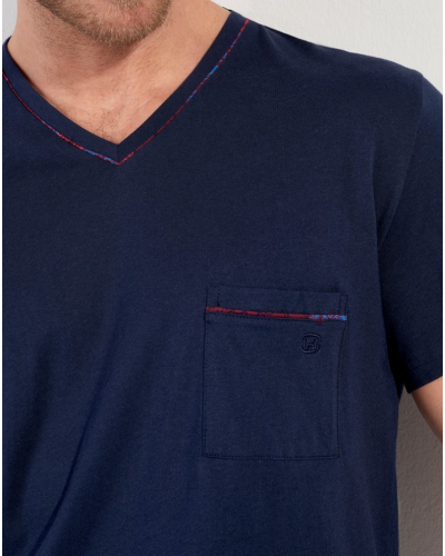 V-neck short pajamas 100% Cotton HOM Bouquet (Fleurs Bordeaux/Bleu Marine)