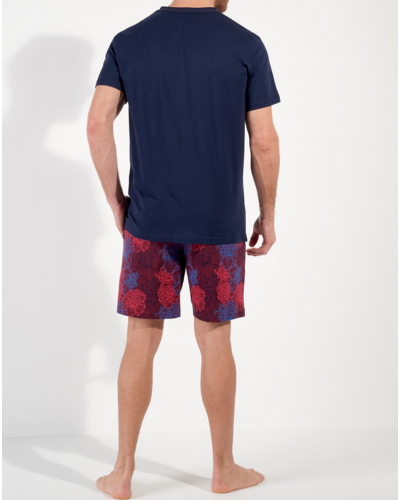 V-neck short pajamas 100% Cotton HOM Bouquet (Fleurs Bordeaux/Bleu Marine)
