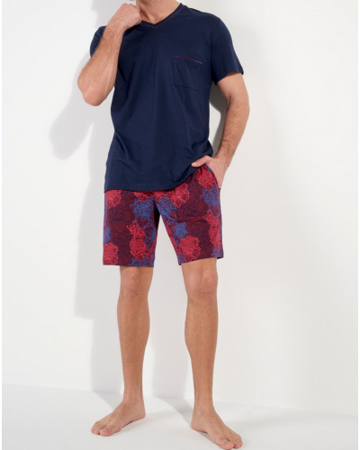 V-neck short pajamas 100% Cotton HOM Bouquet (Fleurs Bordeaux/Bleu Marine)