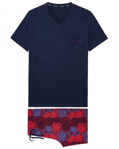 V-neck short pajamas 100% Cotton HOM Bouquet (Fleurs Bordeaux/Bleu Marine)