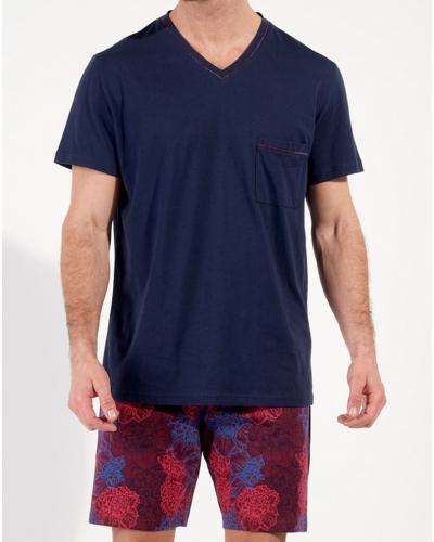 Pijama largo cuello V 100% Algodón HOM Bouquet (Fleurs Bordeaux/Bleu Marine)