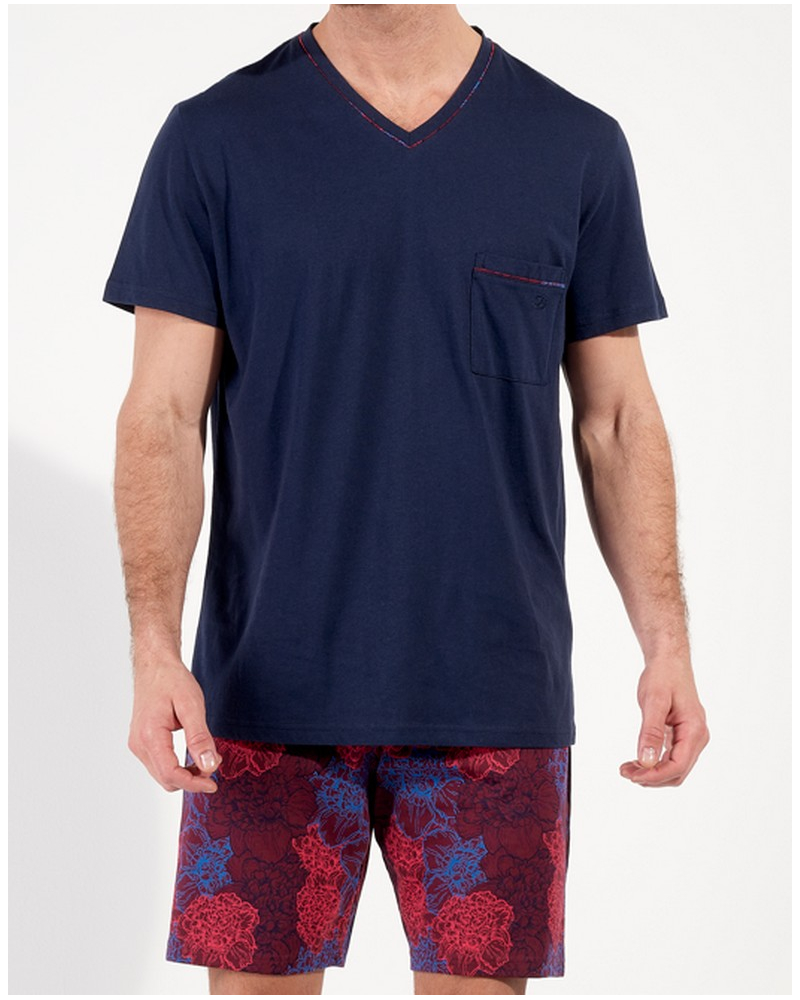 V-neck short pajamas 100% Cotton HOM Bouquet (Fleurs Bordeaux/Bleu Marine)