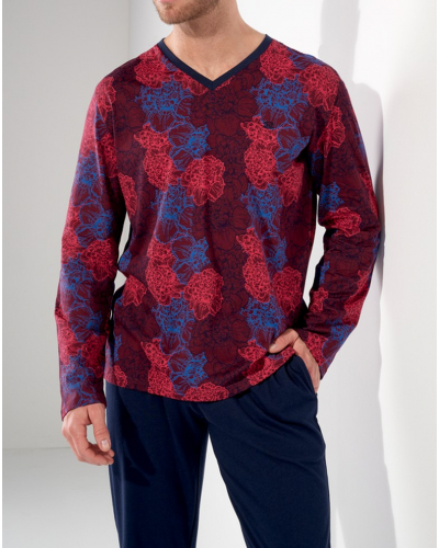 Pyjama long col V 100% coton HOM Bouquet (Fleurs Bordeaux/Bleu Marine)