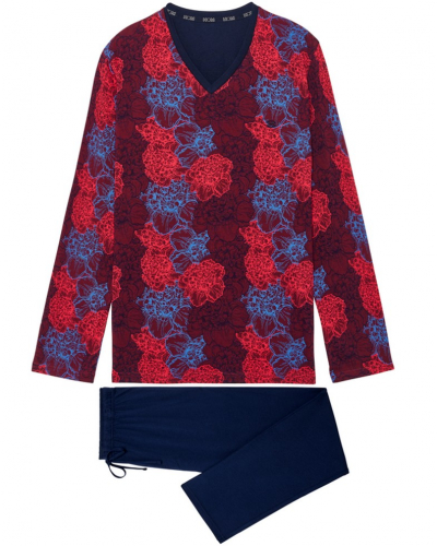 Pijama largo cuello V 100% algodón HOM Bouquet (Fleurs Bordeaux/Bleu Marine)