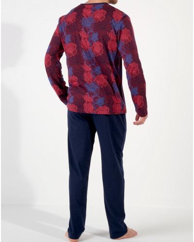 Pijama largo cuello V 100% algodón HOM Bouquet (Fleurs Bordeaux/Bleu Marine)