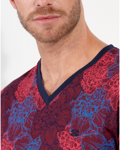 Pijama largo cuello V 100% algodón HOM Bouquet (Fleurs Bordeaux/Bleu Marine)
