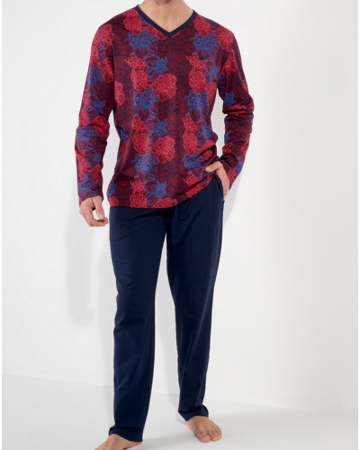 Pyjama long col V 100% coton HOM Bouquet (Fleurs Bordeaux/Bleu Marine)