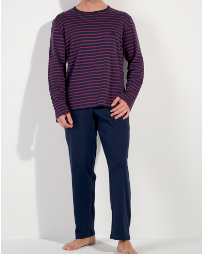 Pyjama long 100% Coton Interlock HOM Carson (Rayures Marines Bordeaux)
