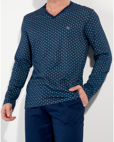 Pyjama long col V 100% Coton HOM Cairo (Feuilles Bleues)