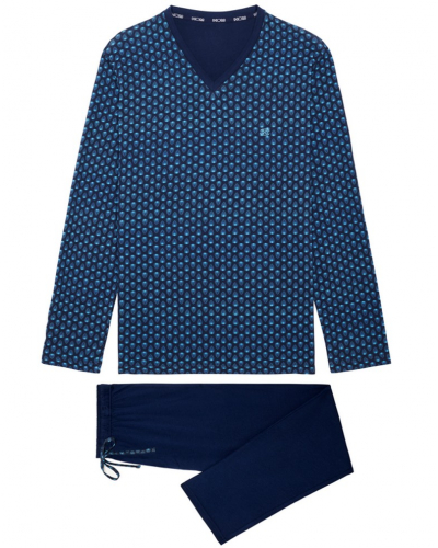 Pyjama long col V 100% Coton HOM Cairo (Feuilles Bleues)