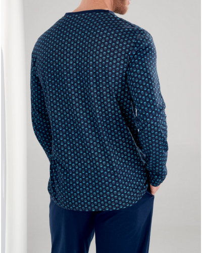 Pyjama long col V 100% Coton HOM Cairo (Feuilles Bleues)