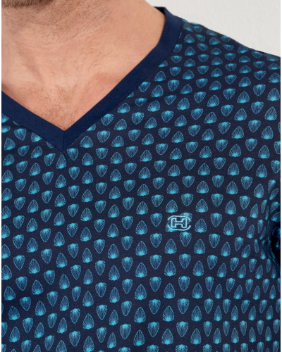 Pyjama long col V 100% Coton HOM Cairo (Feuilles Bleues)