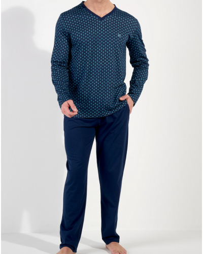Pijama largo cuello V 100% Algodón HOM Cairo (Feuilles Bleues)