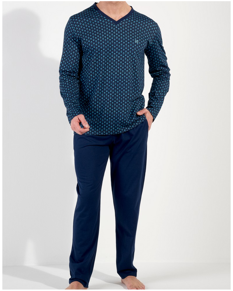 Pijama largo cuello V 100% Algodón HOM Cairo (Feuilles Bleues)