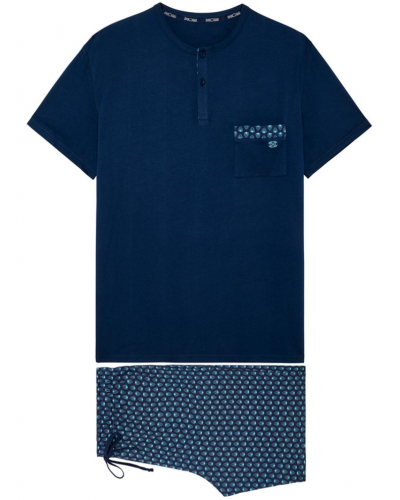 Pyjama court boutonné 100% Coton HOM Cairo (Feuilles Bleues)