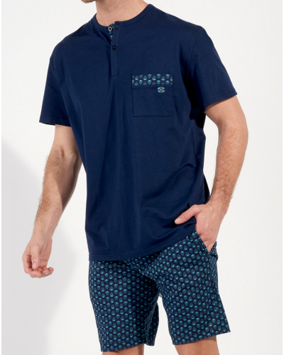 Buttoned-up short pajamas 100% Cotton HOM Cairo (Feuilles Bleues)