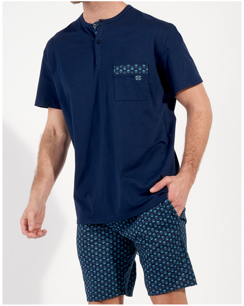 Buttoned-up short pajamas 100% Cotton HOM Cairo (Feuilles Bleues)