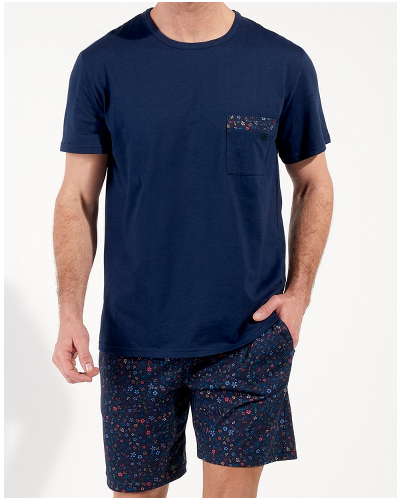 Pyjama court 100% Coton HOM Broceliande (Imprimé Floral Marine)