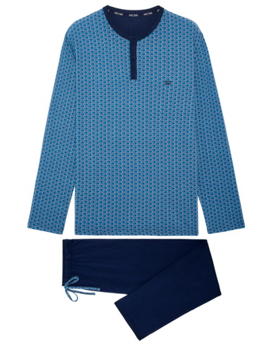 Buttoned-up long pajamas 100% Cotton HOM Martinez (Imprimé Bleu)