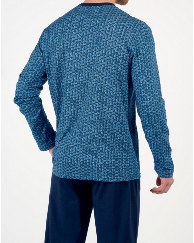 Buttoned-up long pajamas 100% Cotton HOM Martinez (Imprimé Bleu)