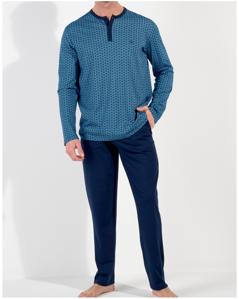 Buttoned-up long pajamas 100% Cotton HOM Martinez (Imprimé Bleu)