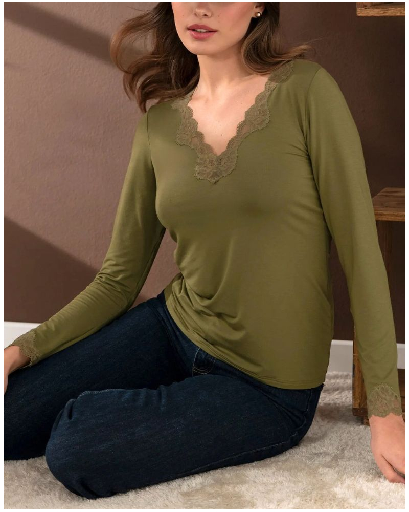 Tee shirt long sleeves V-neck Antigel Simply Perfect (Vert Mousse)