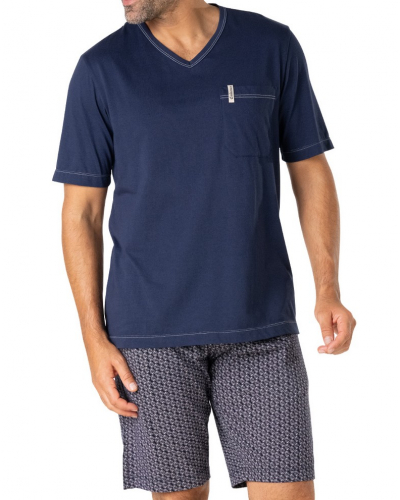 Short v-neck pajamas 100% Organic Cotton Eminence (Marine/Bleu/Blanc)