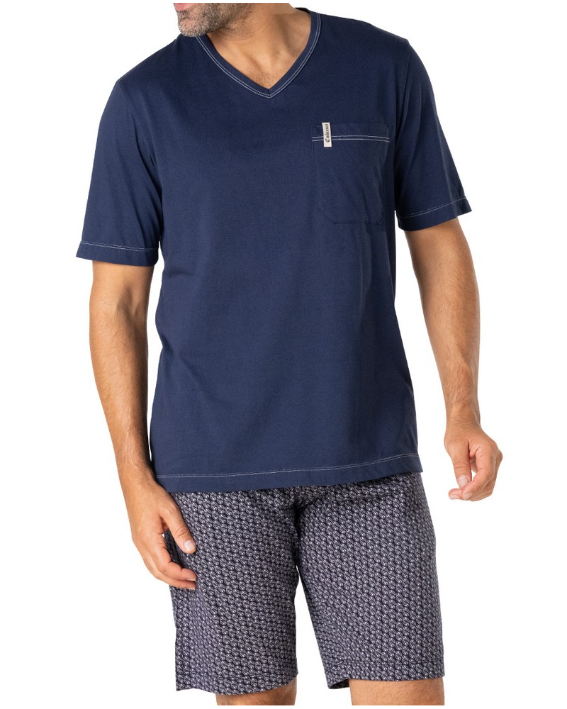 Pyjama court col V 100% Coton Bio Eminence (Marine/Bleu/Blanc)