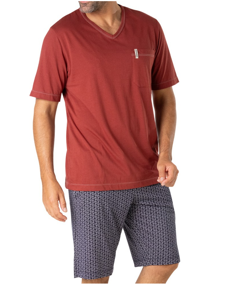 Pyjama court col V 100% Coton Bio Eminence (Rouille/Bleu/Blanc)