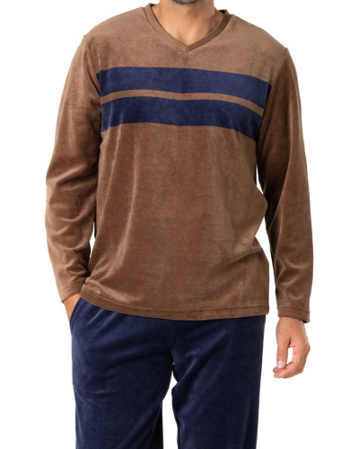 Pyjama long col V Eminence Velours (Marron/Marine)