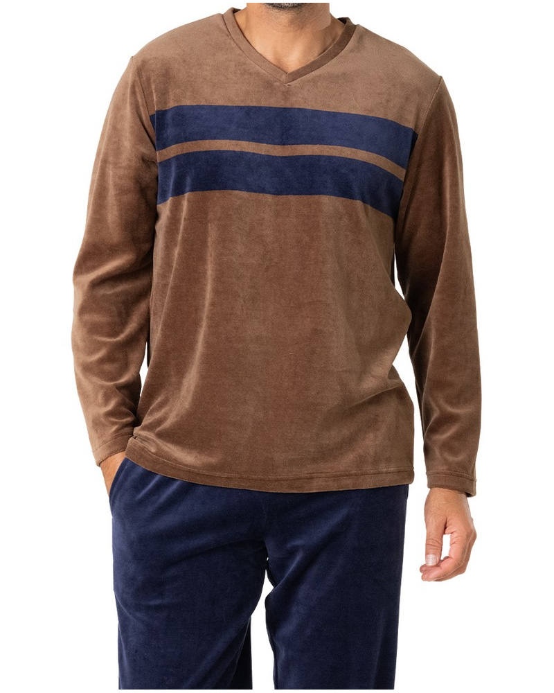 Pijama largo cuello V terciopelo Eminence Velours (Marron/Marine)