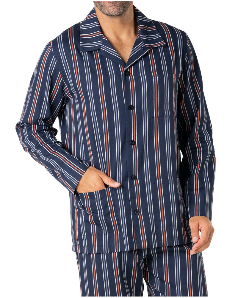 Pyjama long boutonné 100% Coton Eminence Popeline (Rayures Multicolores)