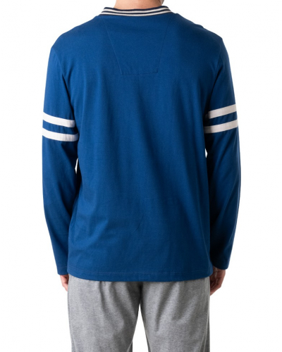 Pijama largo cuello V 100% Algodón Eminence Club (Bleu/Gris Chiné)