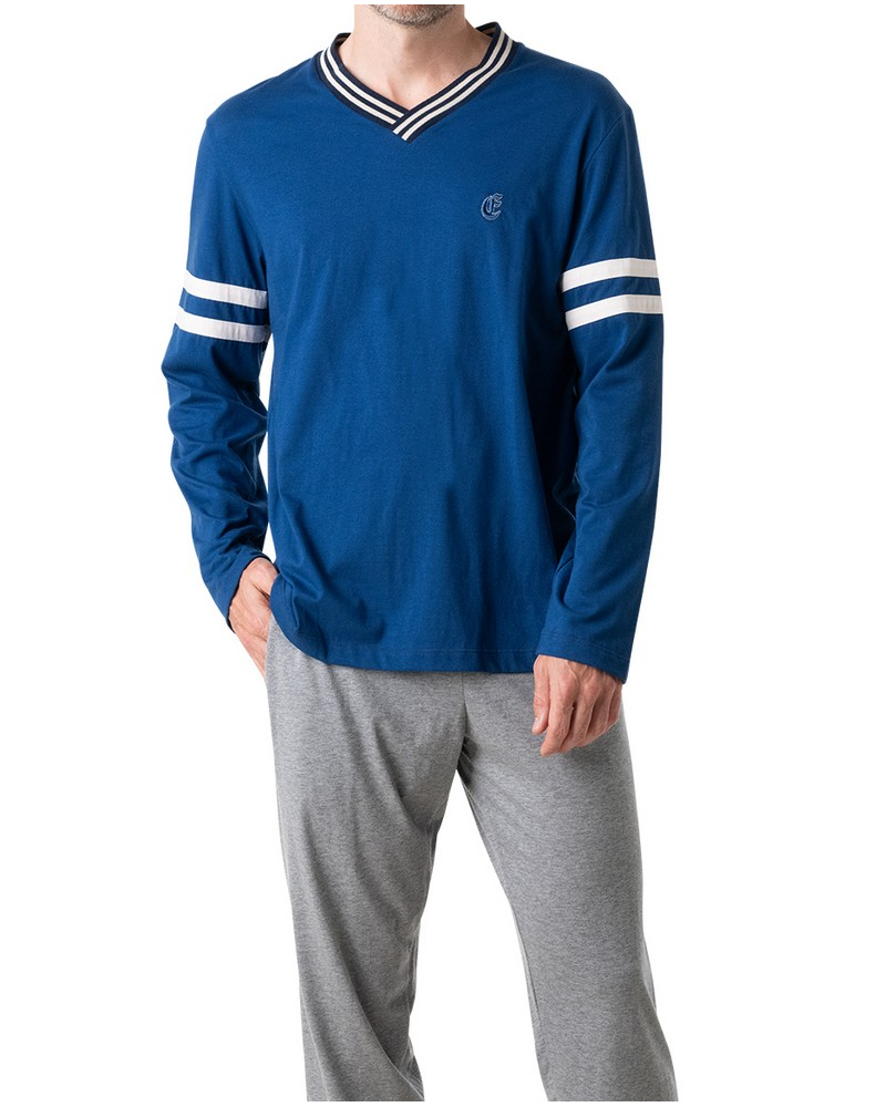 Pijama largo cuello V 100% Algodón Eminence Club (Bleu/Gris Chiné)