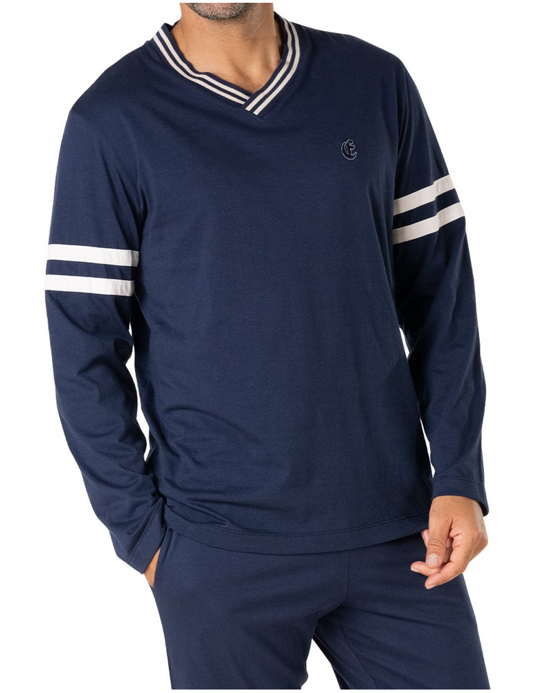 Pyjama long col V 100% Coton Eminence Club (Marine)