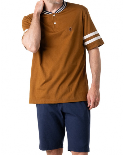 Pyjama court boutonné col V 100% Coton Eminence Club (Marron/Marine)