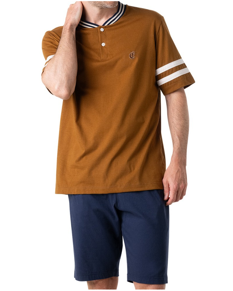 Pyjama court boutonné col V 100% Coton Eminence Club (Marron/Marine)